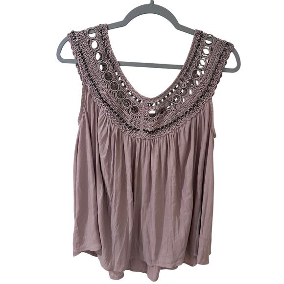 Free People Dusty Pink Cropped Embellished Macrame Boho-Chic Blouse Medium - Picture 2 of 9